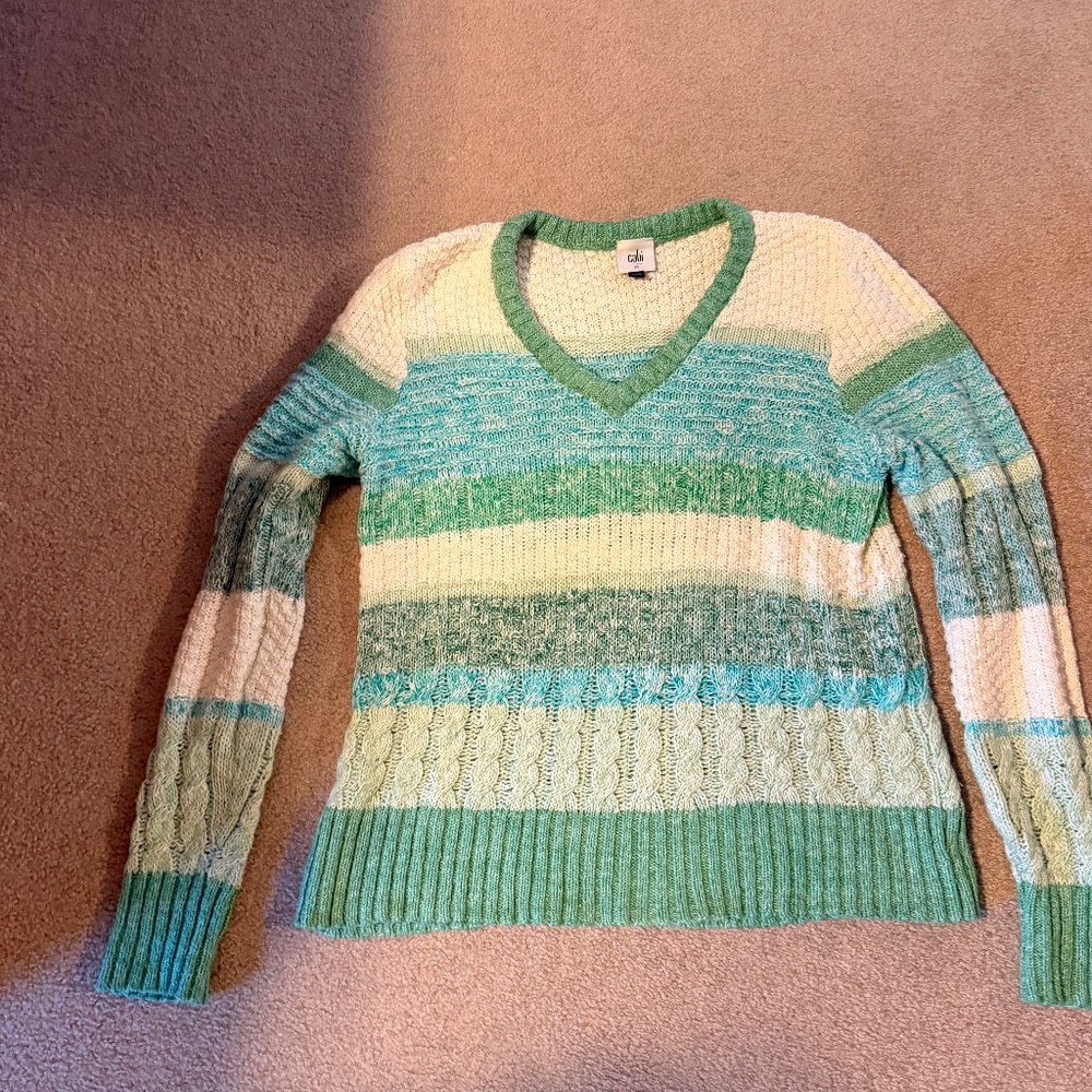 CAbi V Neck Green Striped Sweater